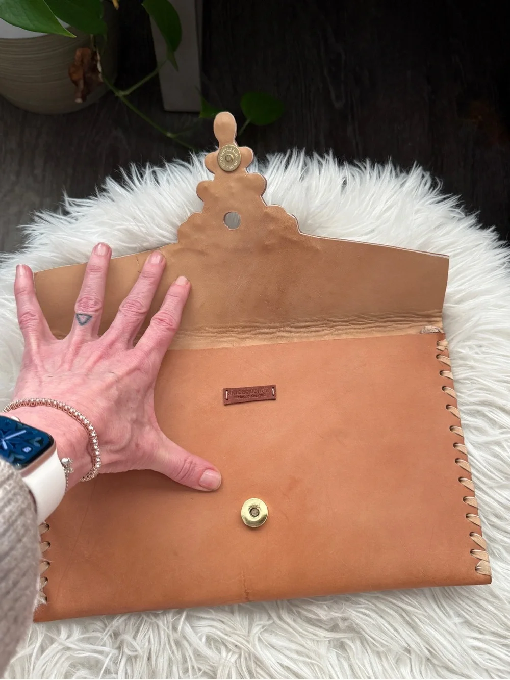 Handmade Tan Leather Clutch with Colorful Beaded Accent